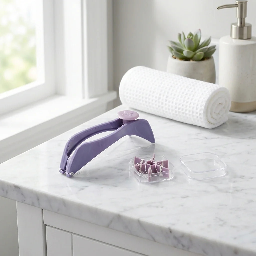 Hair removal kit with purple handle device, small caps, and spare roller pad