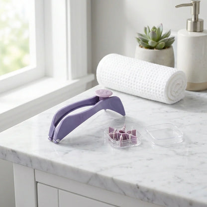 Hair removal kit with purple handle device, small caps, and spare roller pad