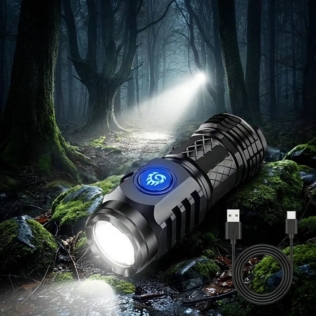 Small LED torch with blue button, black and gray flashlight head, with USB cable.