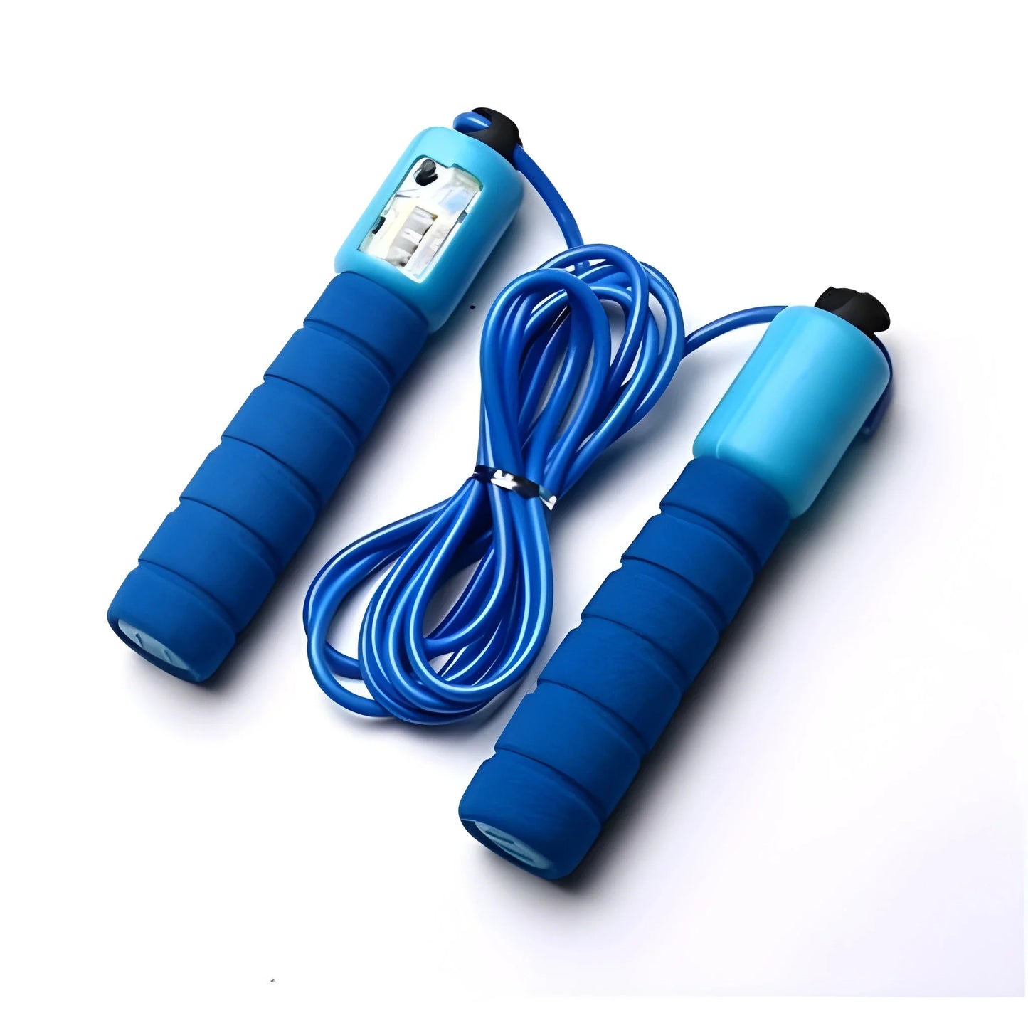 Smart counting jump rope with blue foam handles and coiled blue cord