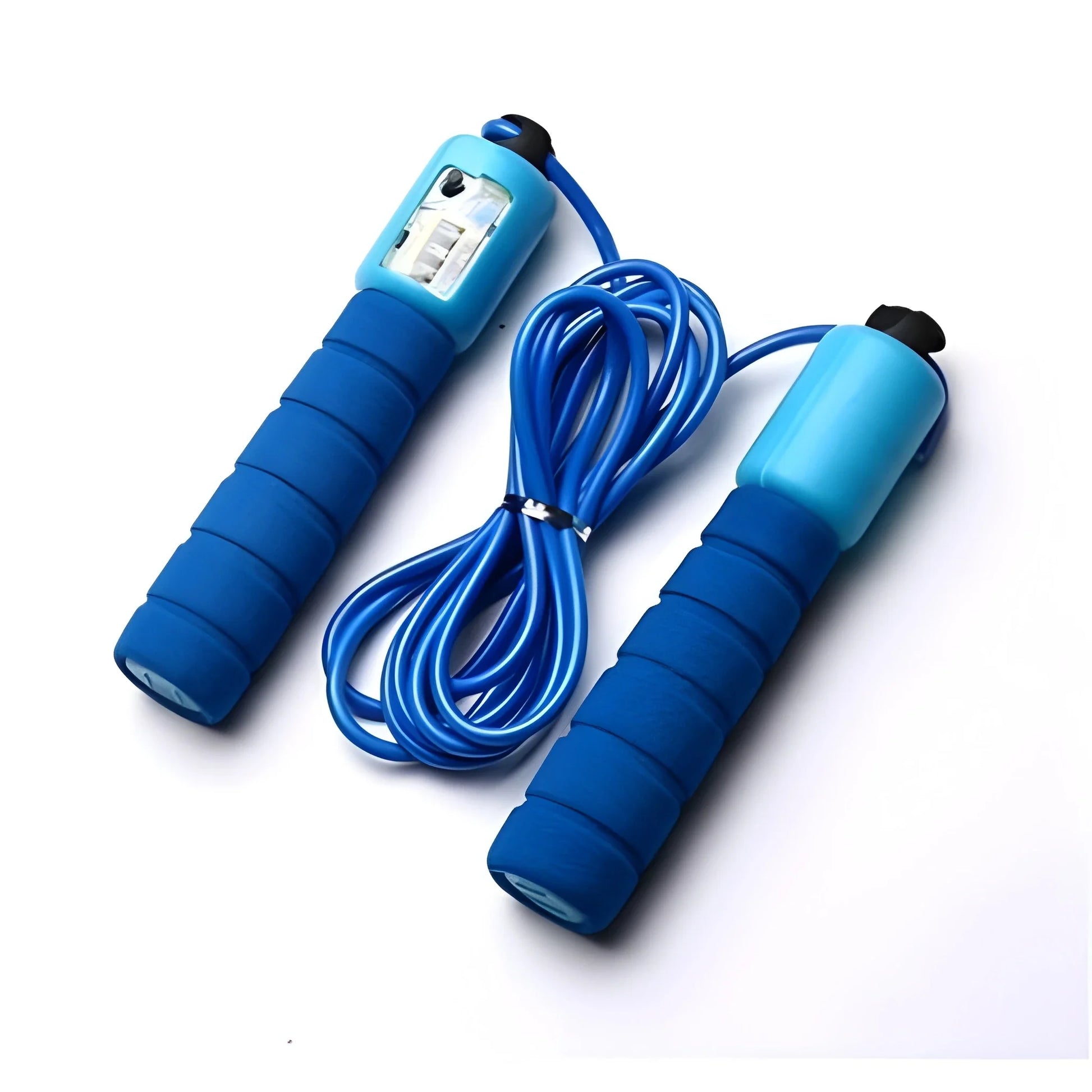 Smart counting jump rope with blue foam handles and coiled blue cord