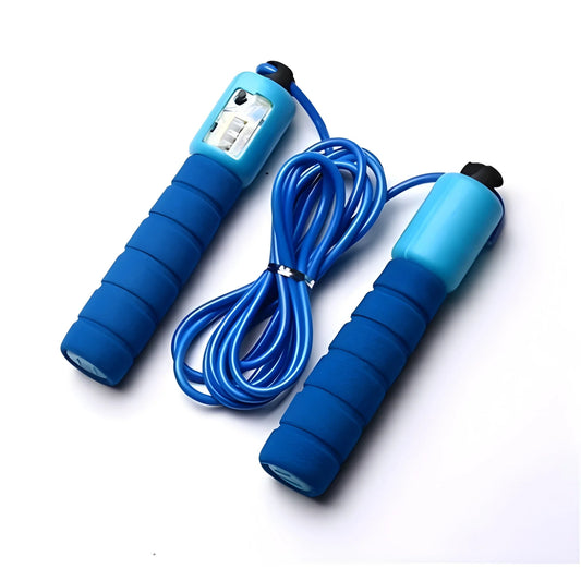 Smart counting jump rope with blue foam handles and coiled blue cord