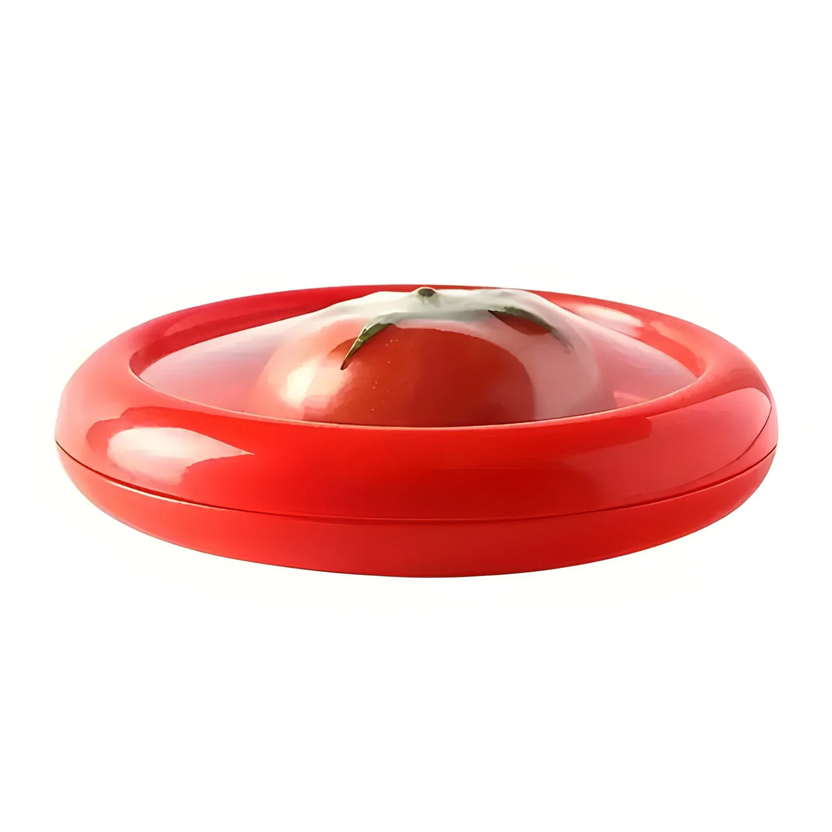 Red plastic food container with clear dome lid