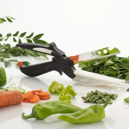 4-in-1 kitchen cutter with black handle and green blade, handheld veggie slicer