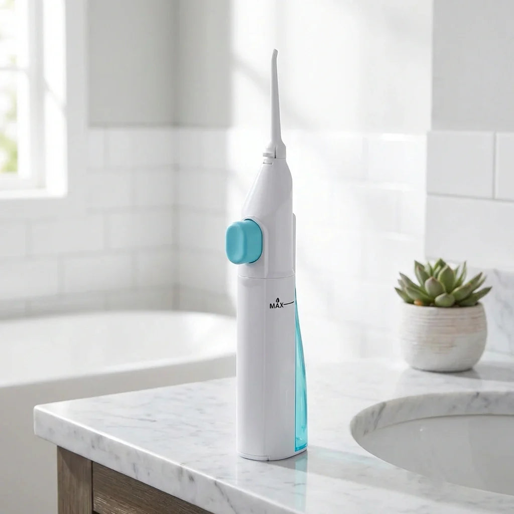 Handheld water flosser with nozzle, white body and blue accents