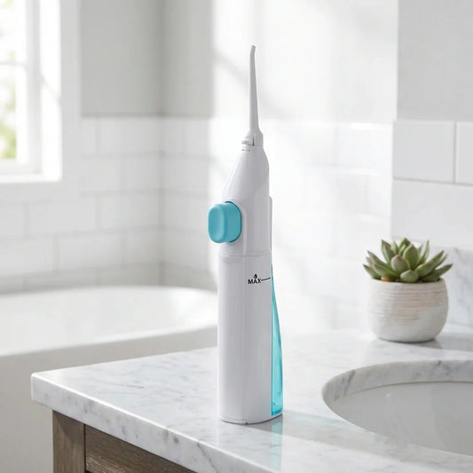 Handheld water flosser with nozzle, white body and blue accents