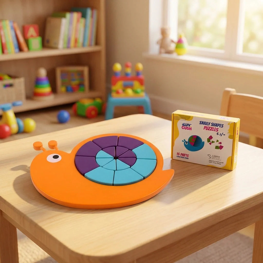 Snail-shaped kids puzzle toy with orange base and colorful circular piece layout