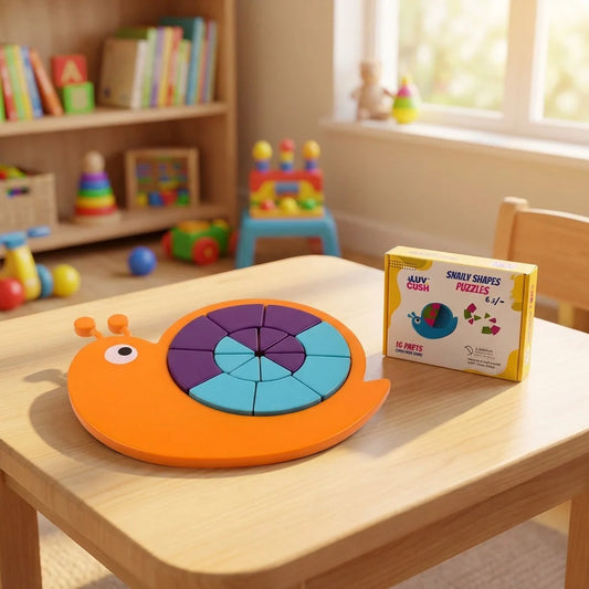 Snail-shaped kids puzzle toy with orange base and colorful circular piece layout