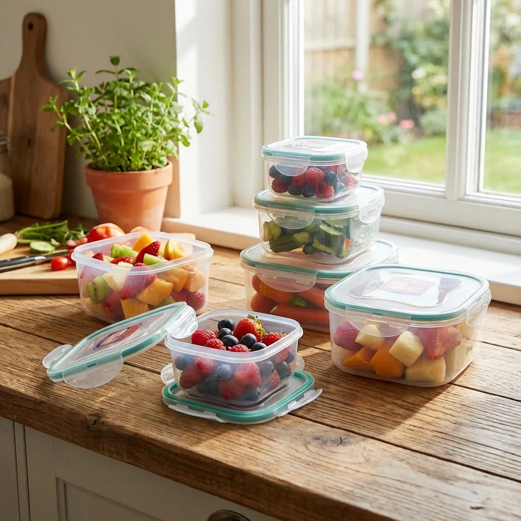 Snap-seal storage containers with clear lids, filled with mixed fruit and vegetables