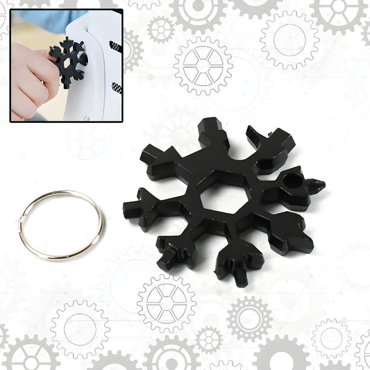 Black snowflake-shaped multi-tool keychain with split key ring