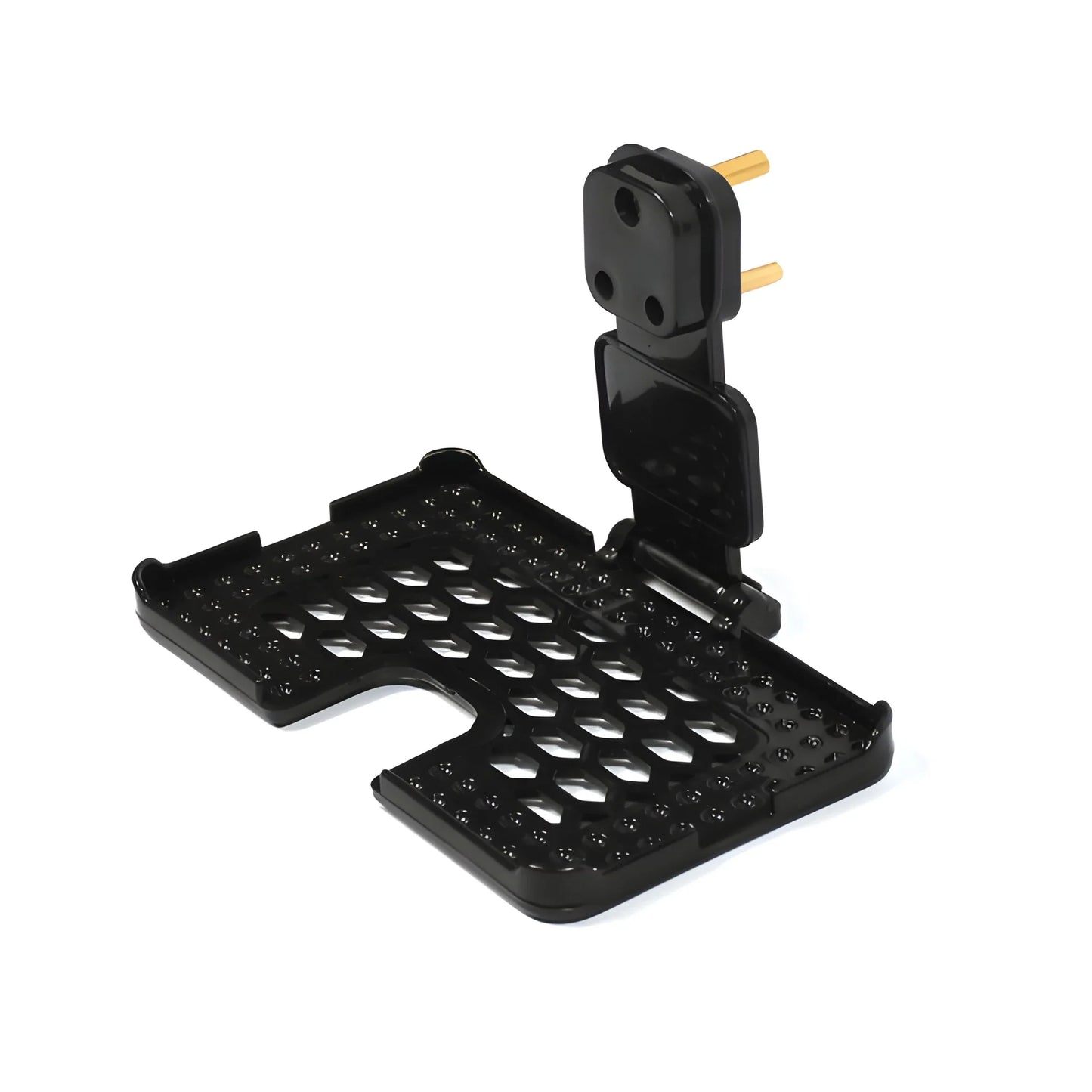 Socket phone stand with black perforated base and hinged holder, two gold pins