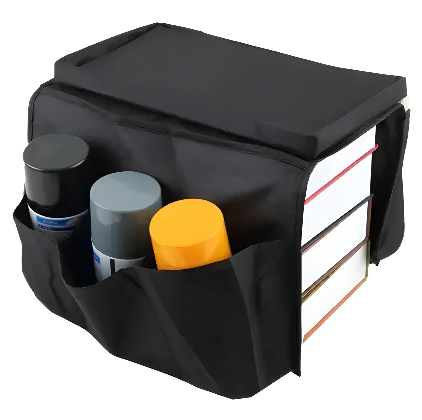 Sofa armrest organizer bag in dark fabric with multiple front pockets and top storage