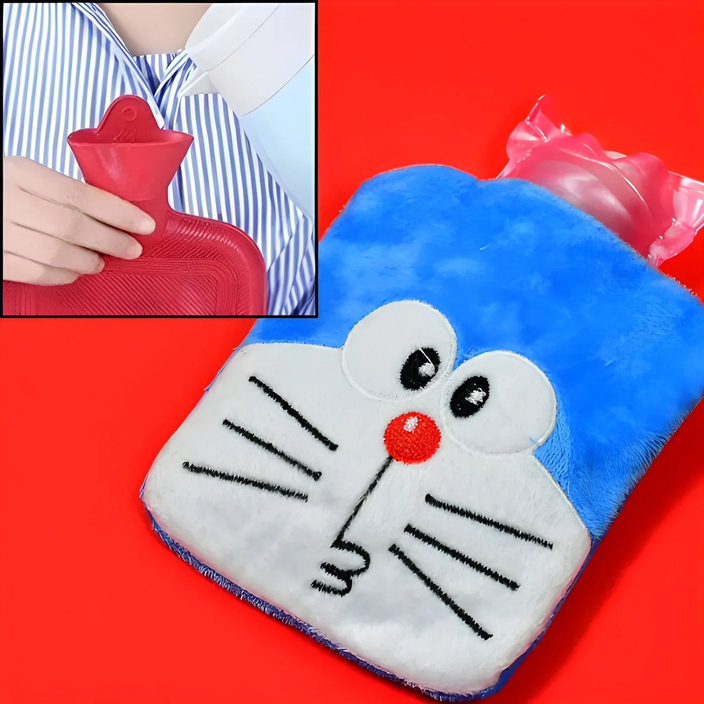 Blue plush hot water bag with smiling mouse face and screw cap