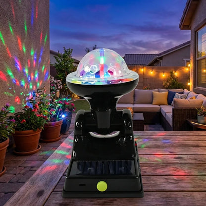 Black solar disco light with power bank, rainbow projector dome on base