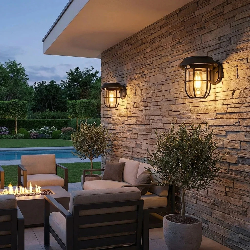 Solar wall lantern light pair with black metal frames and frosted glass shades