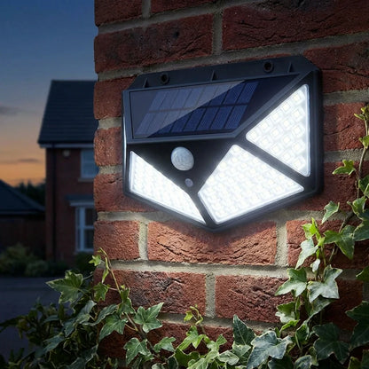 Wall-mounted solar garden light with bright LED panels and round motion sensor