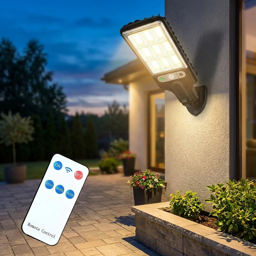Solar motion sensor street light with wall-mounted light head and remote control