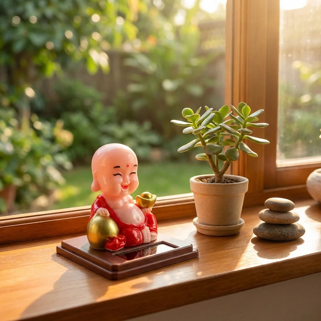 Solar-powered Buddha statue on wooden solar base, red robe and gold bowl