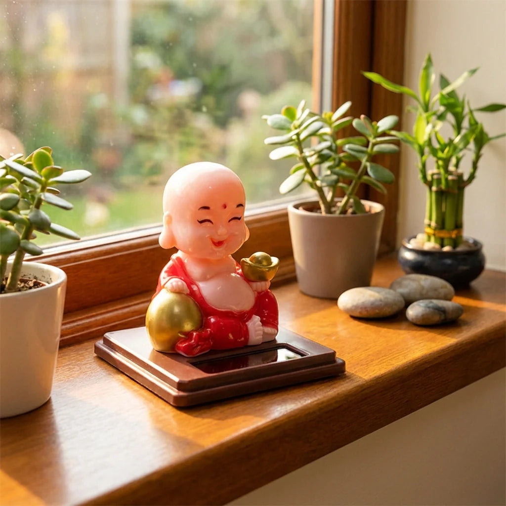 Solar-powered Buddha statue on window ledge, red robe and gold bowl on solar base