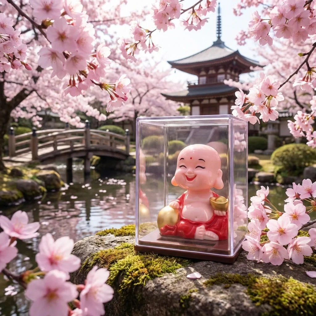 Solar-powered Buddha statue in clear cube, red robe and gold bowl among blossoms