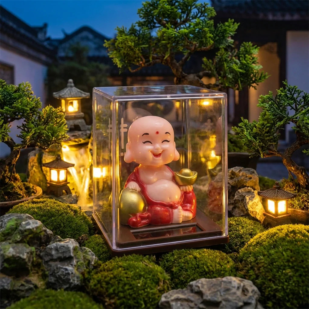 Solar-powered Buddha statue in clear cube case, red robe and gold accents