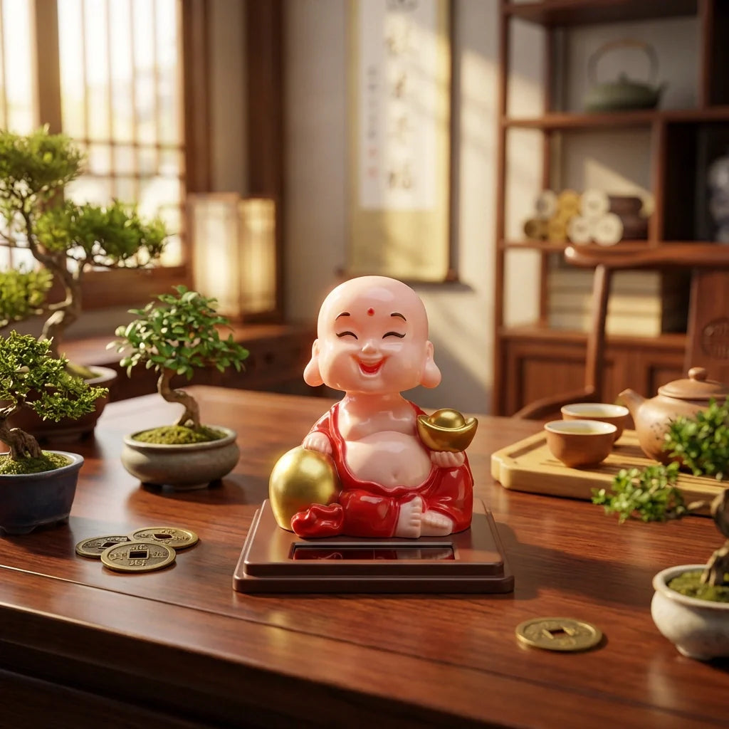 Solar-powered Buddha statue on tabletop base, red robe and gold bowl with solar panel