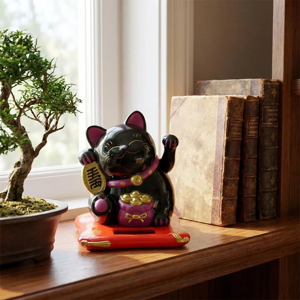 Solar waving lucky cat figurine, black with red ears and gold details on orange base