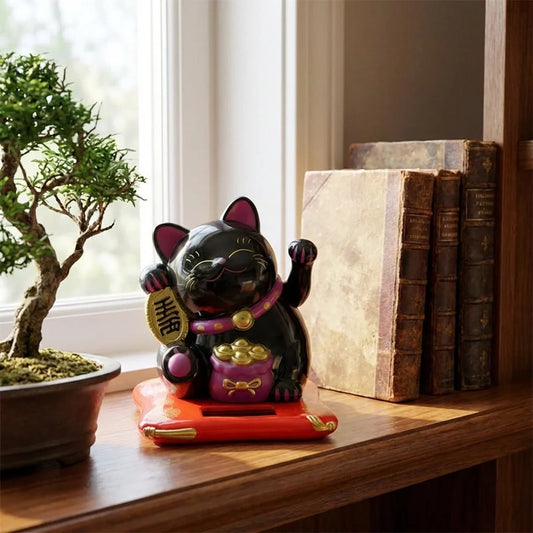 Solar waving lucky cat figurine, black with red ears and gold details on orange base