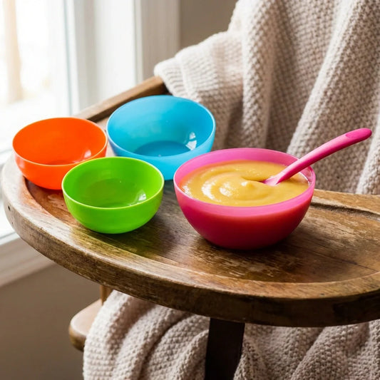 Colorful soup bowls set: orange, blue, green, and pink with spoon and soup.