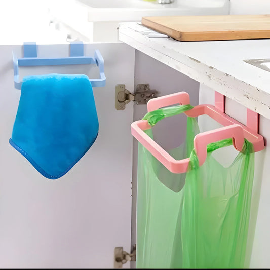 Space-saving bag holder with pink base holding green bags and one blue bag