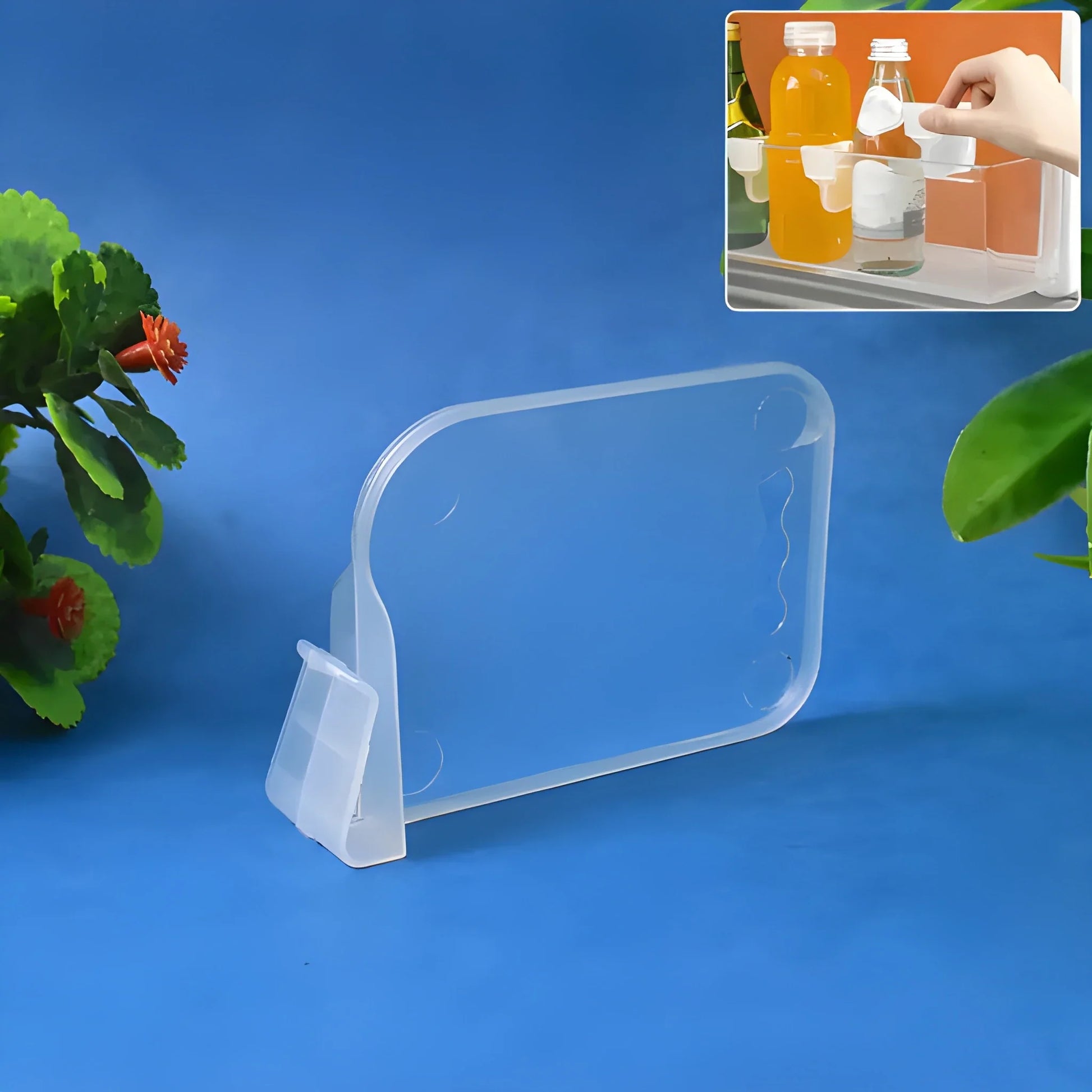 Clear plastic fridge divider with side handle, space-saving organizer insert