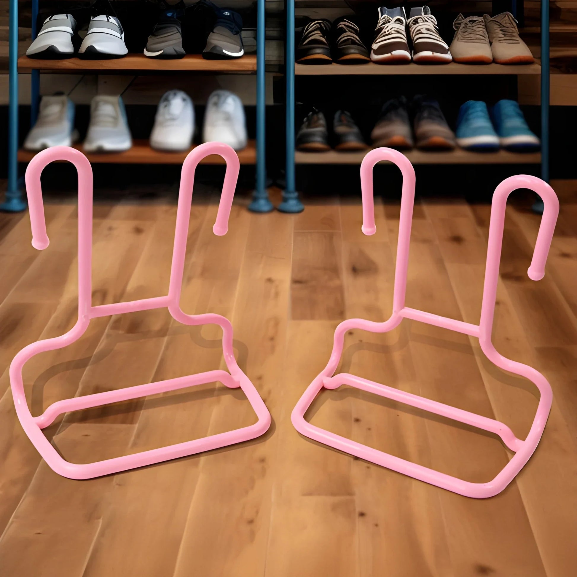 Pink hanging shoe rack with two U-shaped holders