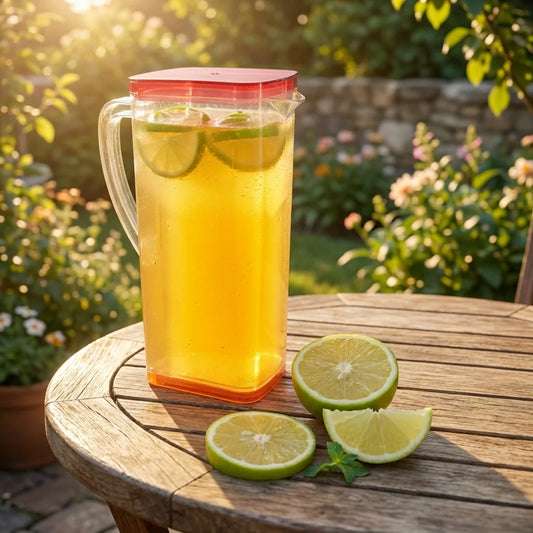 Square water jug with lid, transparent plastic, side handle