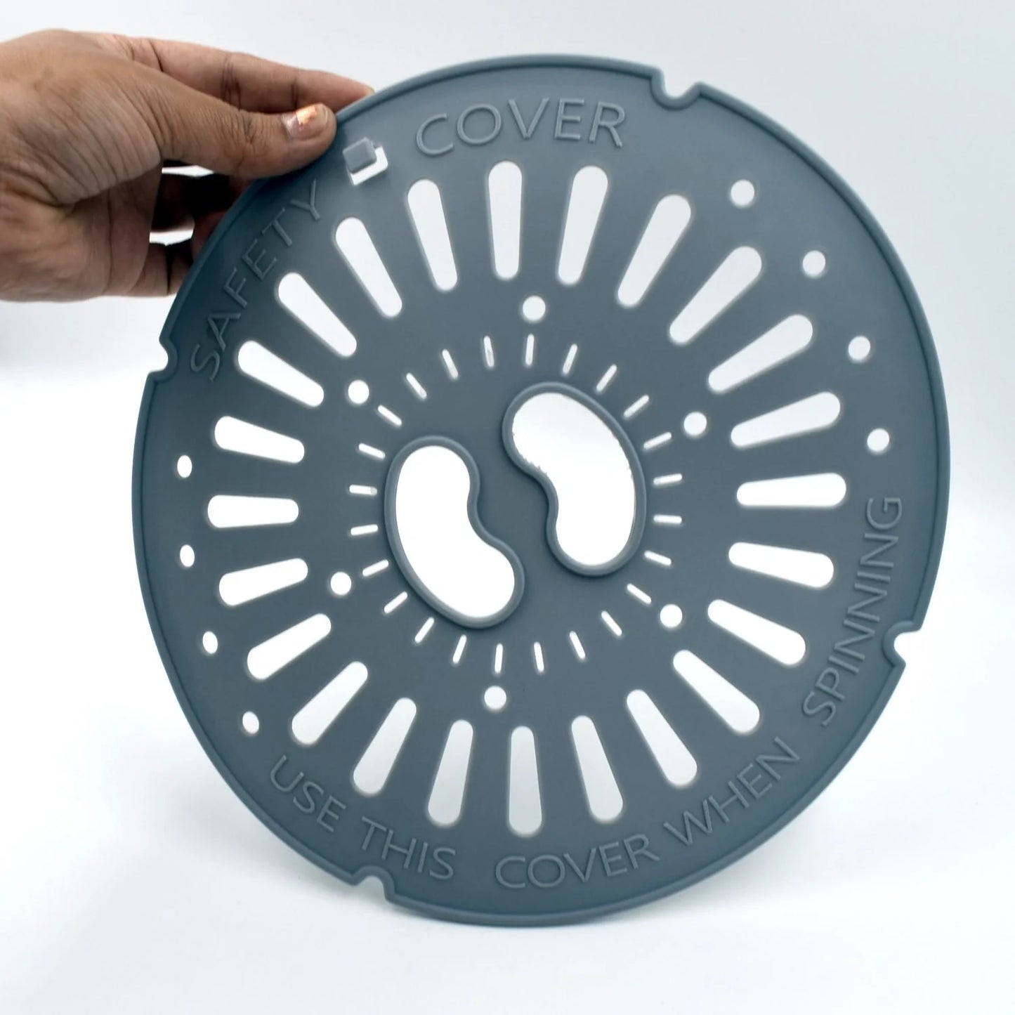 Spin cap safety cover, dark gray round vented disc with embossed safety text