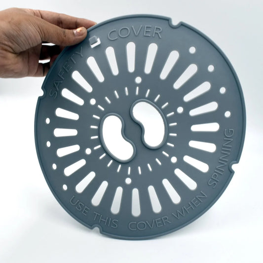 Spin cap safety cover, dark gray round vented disc with embossed safety text