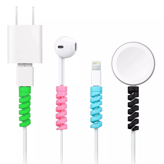 Spiral cable protector set with white charging cables and green, pink, blue, black coils