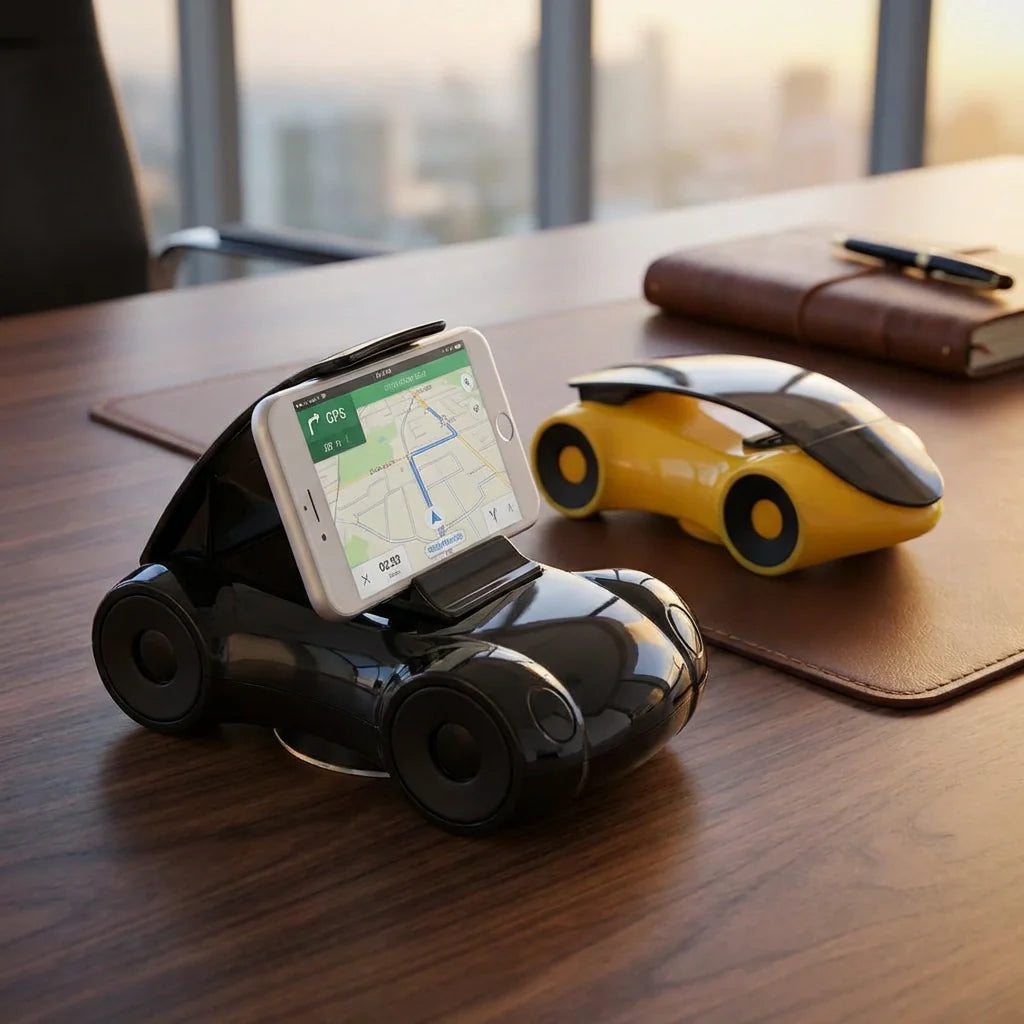 Black sports car shaped mobile phone stand with side wheels on tabletop