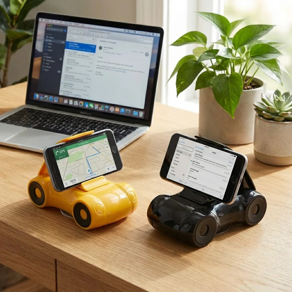 Yellow and black sports car shaped mobile phone stands for phones on wooden desk