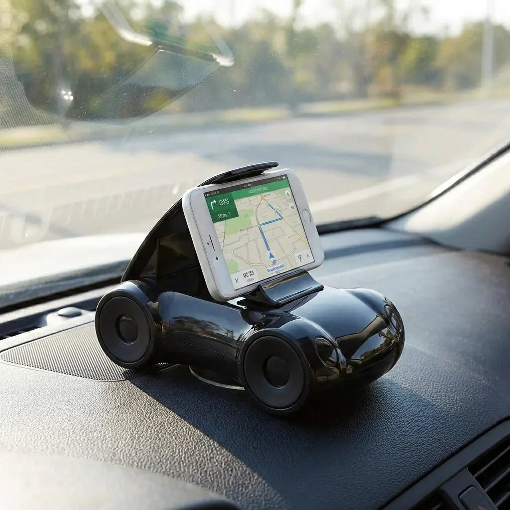 Black sports car shaped mobile phone stand holding a smartphone on dashboard