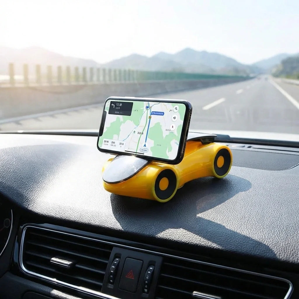 Yellow sports car shaped mobile phone stand with cradle on car dashboard