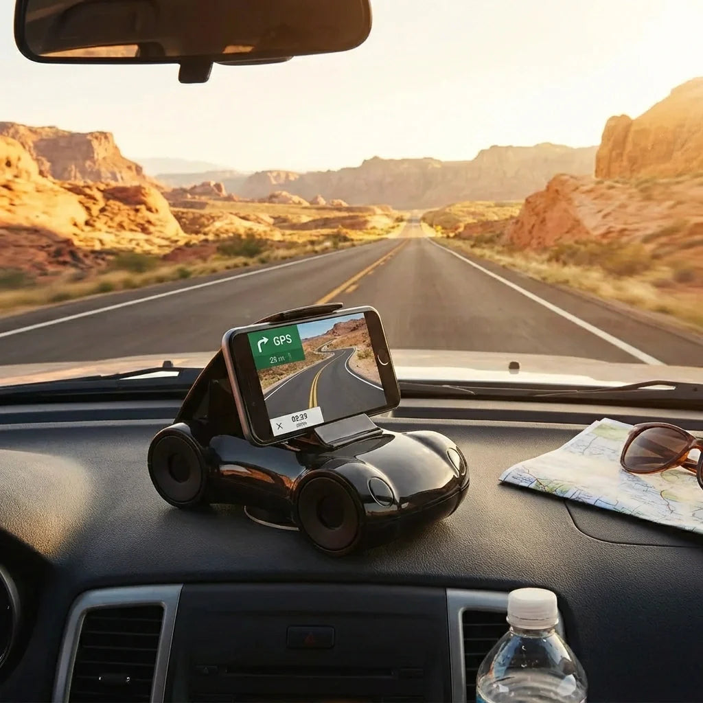 Black sports car shaped mobile phone stand holding a GPS-enabled smartphone