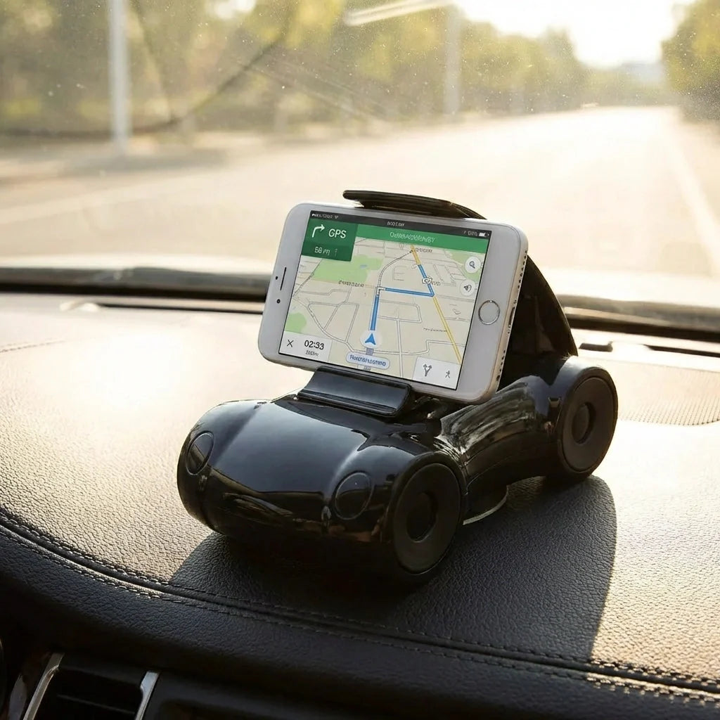 Black sports car shaped mobile phone stand with phone mounted on dashboard
