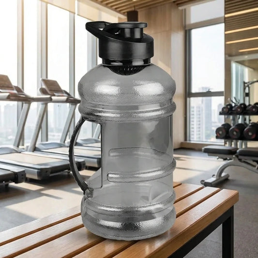 1.5L sports gym water bottle, silver-gray with black lid and carry handle