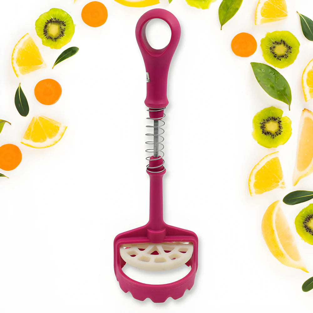 Spring push masher with purple handle, metal spring, and mashing head