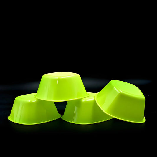Neon green plastic serving bowls, stacked display