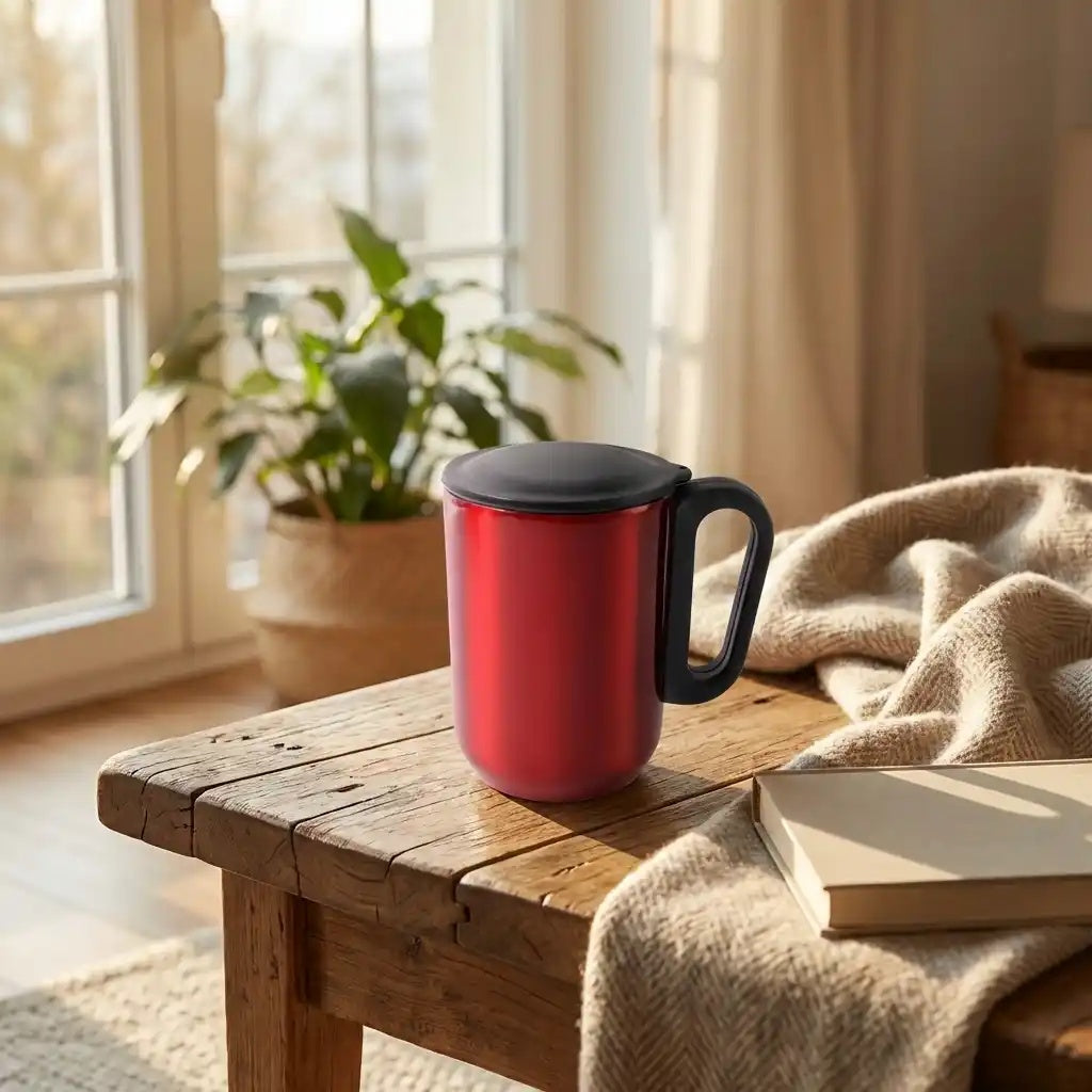 Square water jug with red metal body, black lid and side handle