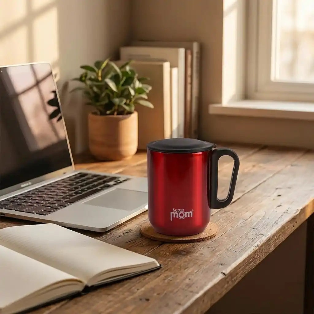 Square water jug with red metal body, black lid and side handle