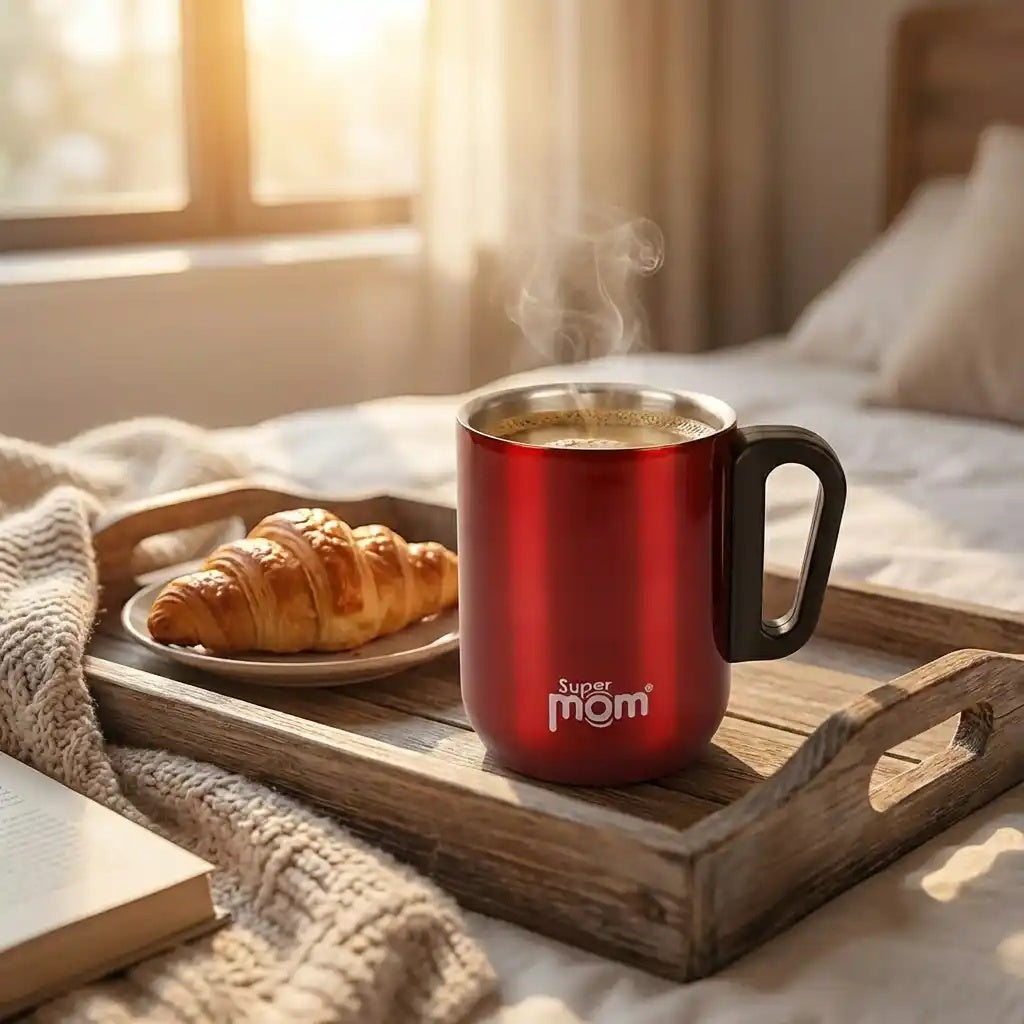 Square water jug with red metal body, black lid and side handle; hot drink steaming
