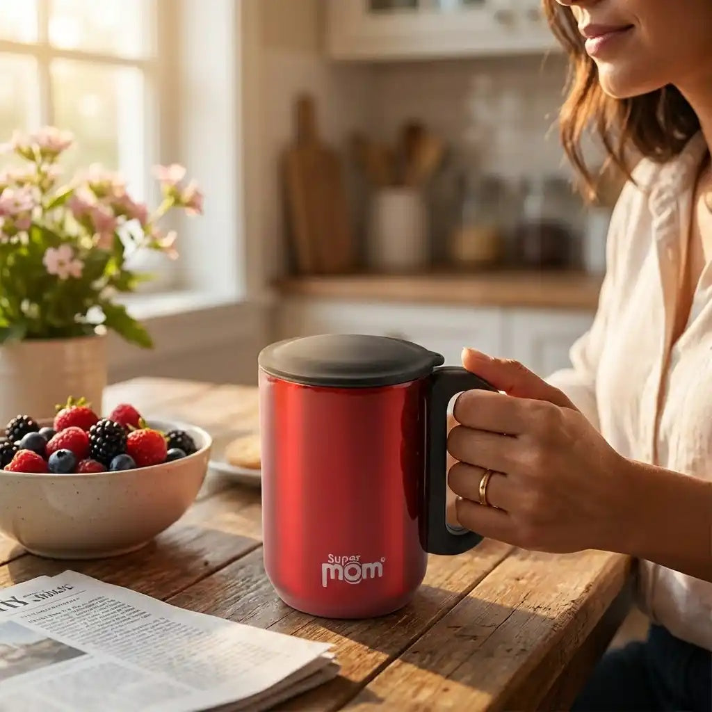 Square water jug with red metal body and black lid, side handle held in hand