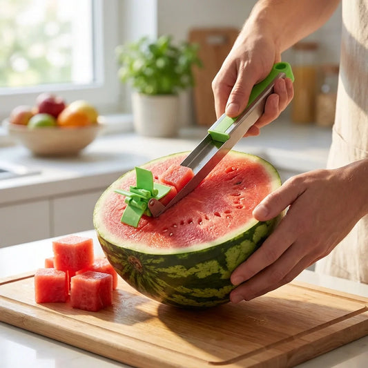 Watermelon cutter slicer with green handle, cutting wedges on cutting board